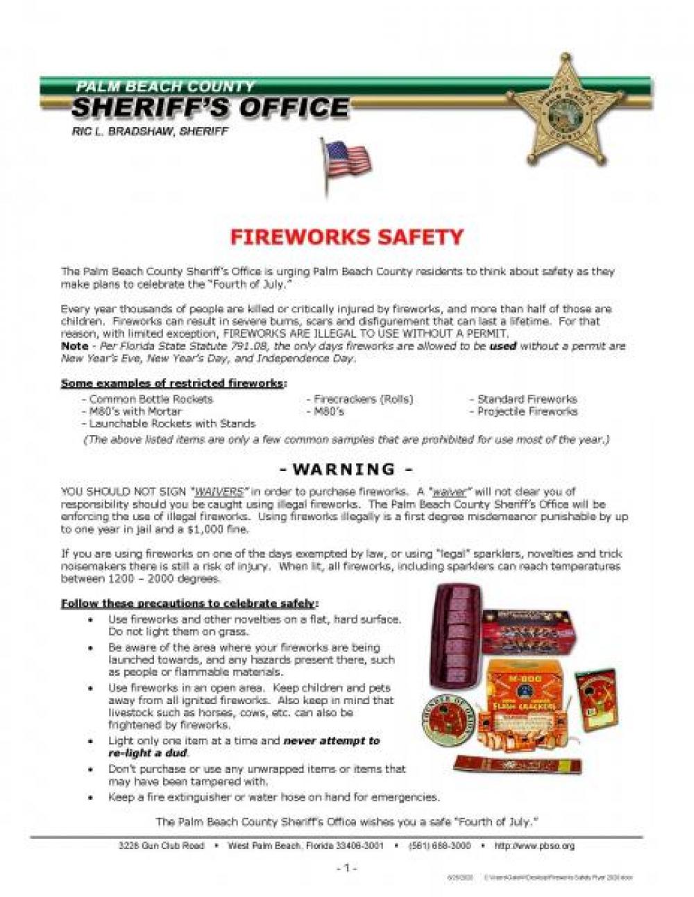 Image - News Bulletin from PBSO regarding Fireworks Safety